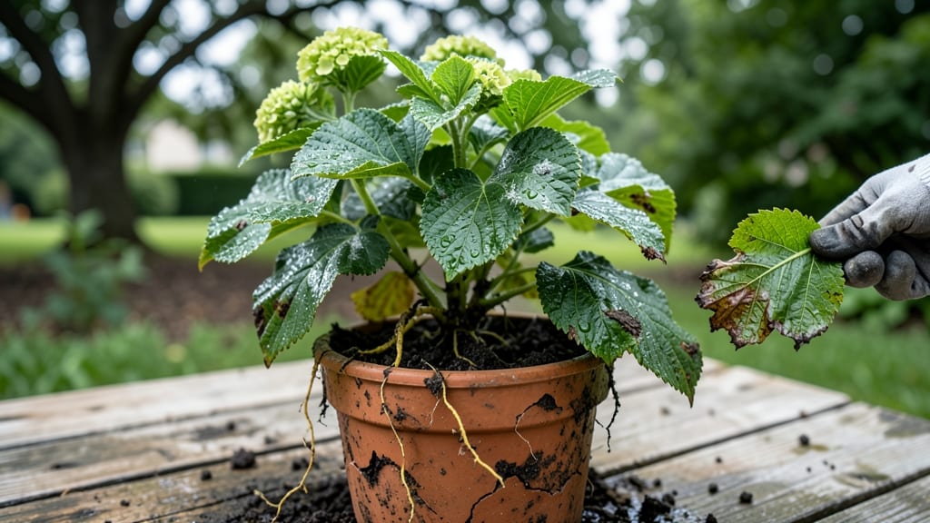 Too Much Water Pictures of Hydrangea Leaf Problems: Overwatering Fixes and Leaf Revival Signs